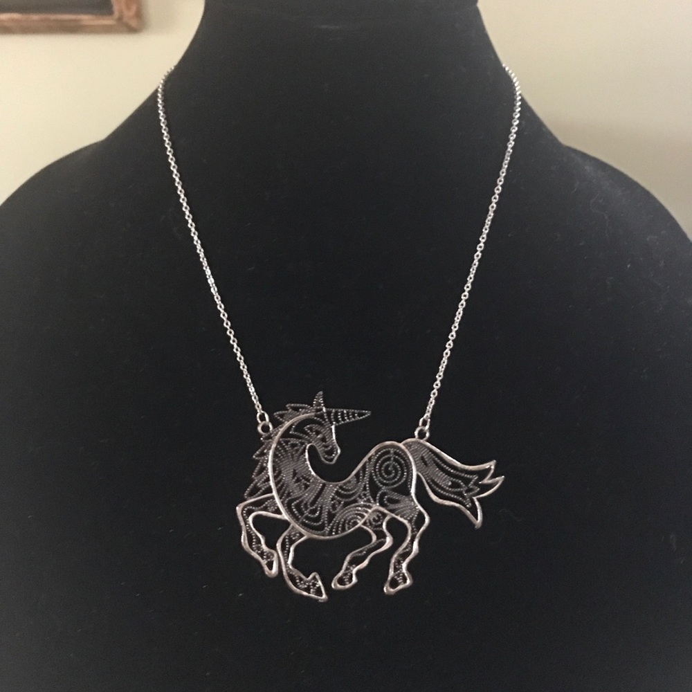 Antique Silver Unicorn Bib Necklace
